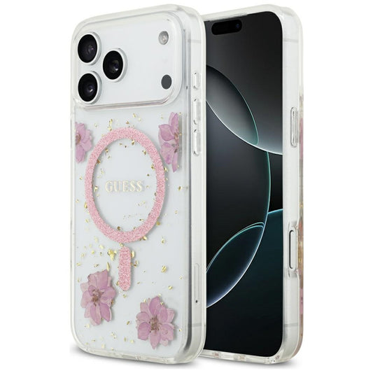 MagSafe-kotelo Apple iPhone 17 Pro Maxille, Guess, Resin Flowers and Glitter, Pinkki