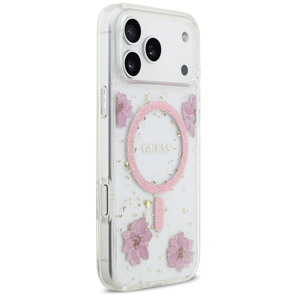 MagSafe-kotelo Apple iPhone 17 Pro Maxille, Guess, Resin Flowers and Glitter, Pinkki