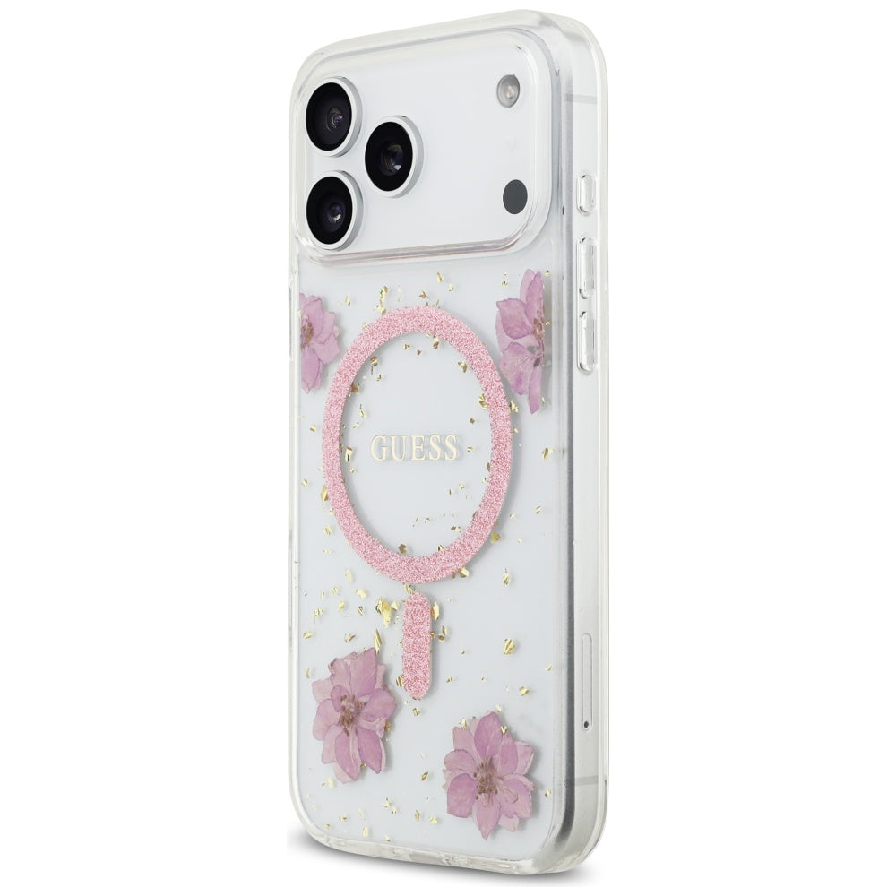 MagSafe-kotelo Apple iPhone 17 Pro Maxille, Guess, Resin Flowers and Glitter, Pinkki