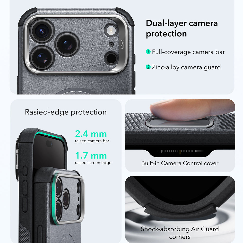 MagSafe-kuori Apple iPhone 18 Pro / 17 Pro:lle, ESR, Cyber Armor Kickstand, Harmaa