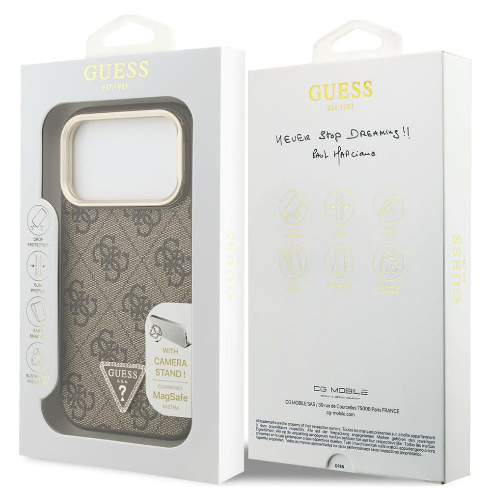 MagSafe-kuori Apple iPhone 18 Pro / 17 Pro -puhelimelle, Guess, 4G Triangle Logo & Stand Camera, ruskea