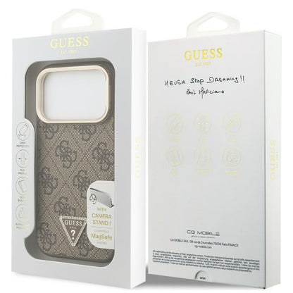 MagSafe-kuori Apple iPhone 18 Pro / 17 Pro -puhelimelle, Guess, 4G Triangle Logo & Stand Camera, ruskea