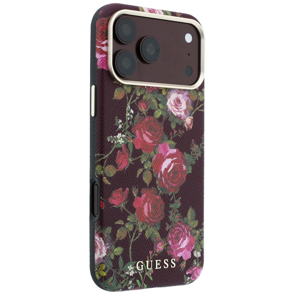 MagSafe-kuori Apple iPhone 18 Pro / 17 Pro -puhelimelle, Guess, Blossom Roses Print, viininpunainen