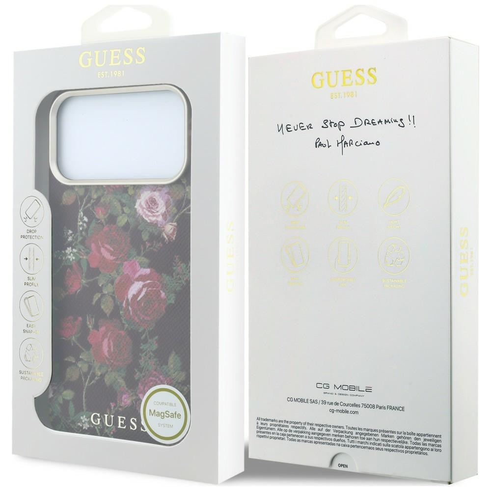 MagSafe-kuori Apple iPhone 18 Pro / 17 Pro -puhelimelle, Guess, Blossom Roses Print, viininpunainen