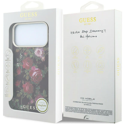 MagSafe-kuori Apple iPhone 18 Pro / 17 Pro -puhelimelle, Guess, Blossom Roses Print, viininpunainen