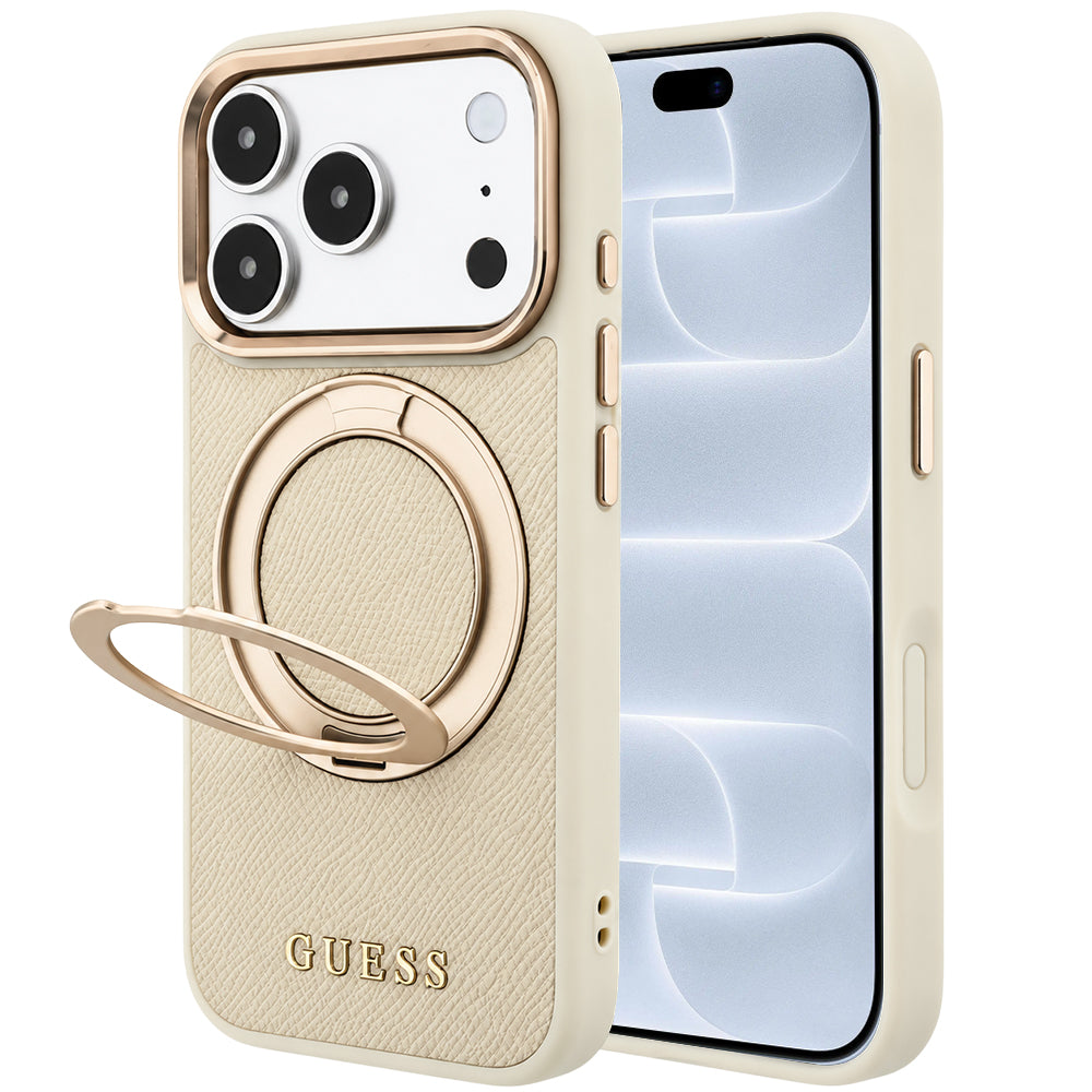 MagSafe-kuori Apple iPhone 18 Pro / 17 Pro -puhelimelle, Guess Grained Ring Stand 360 Classic, beige