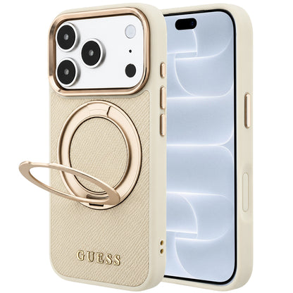 MagSafe-kuori Apple iPhone 18 Pro / 17 Pro -puhelimelle, Guess Grained Ring Stand 360 Classic, beige
