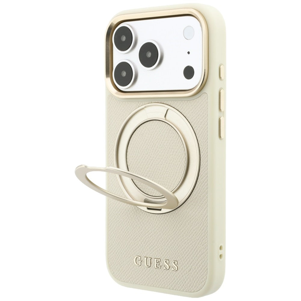 MagSafe-kuori Apple iPhone 18 Pro / 17 Pro -puhelimelle, Guess Grained Ring Stand 360 Classic, beige