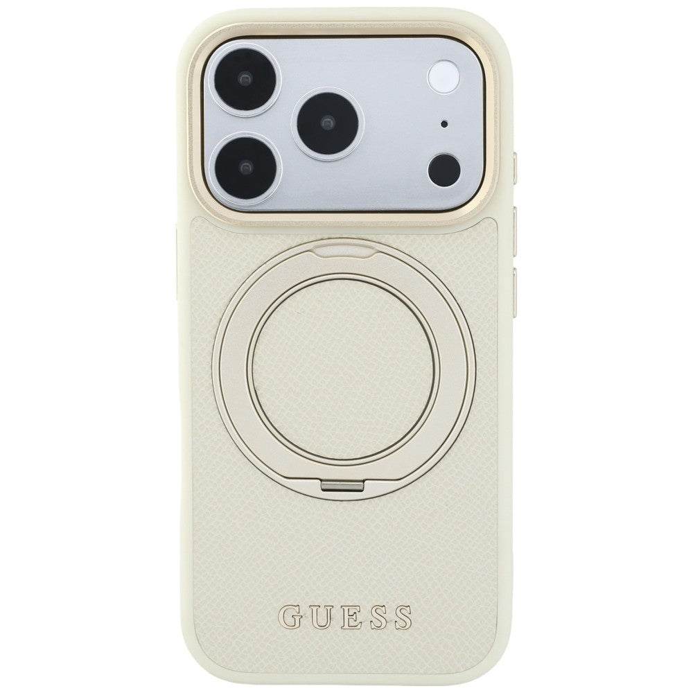 MagSafe-kuori Apple iPhone 18 Pro / 17 Pro -puhelimelle, Guess Grained Ring Stand 360 Classic, beige