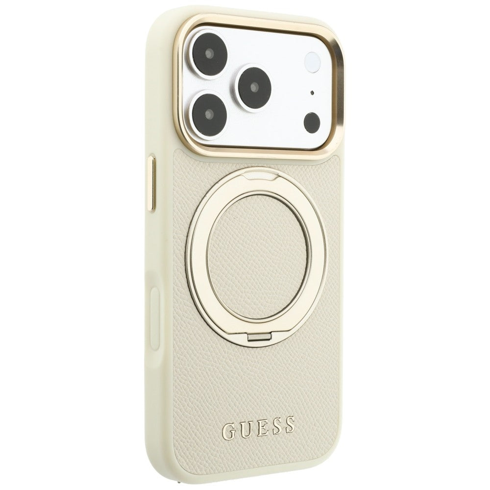 MagSafe-kuori Apple iPhone 18 Pro / 17 Pro -puhelimelle, Guess Grained Ring Stand 360 Classic, beige