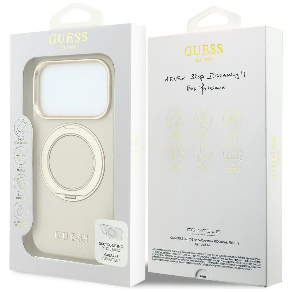 MagSafe-kuori Apple iPhone 18 Pro / 17 Pro -puhelimelle, Guess Grained Ring Stand 360 Classic, beige