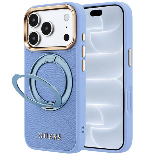 MagSafe-kuori Apple iPhone 18 Pro / 17 Pro -puhelimelle, Guess Grained Ring Stand 360 Classic, vaaleansininen