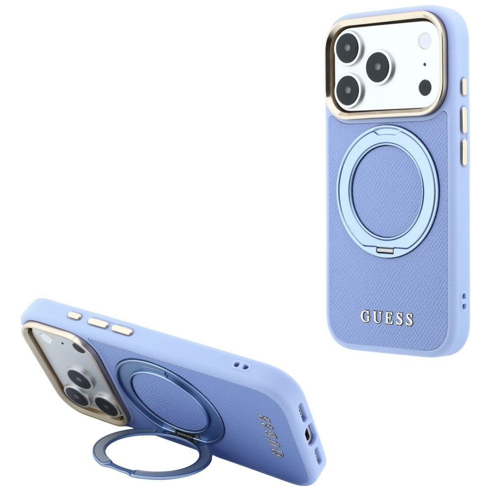 MagSafe-kuori Apple iPhone 18 Pro / 17 Pro -puhelimelle, Guess Grained Ring Stand 360 Classic, vaaleansininen