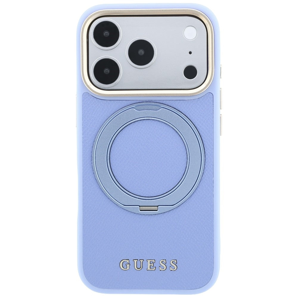 MagSafe-kuori Apple iPhone 18 Pro / 17 Pro -puhelimelle, Guess Grained Ring Stand 360 Classic, vaaleansininen