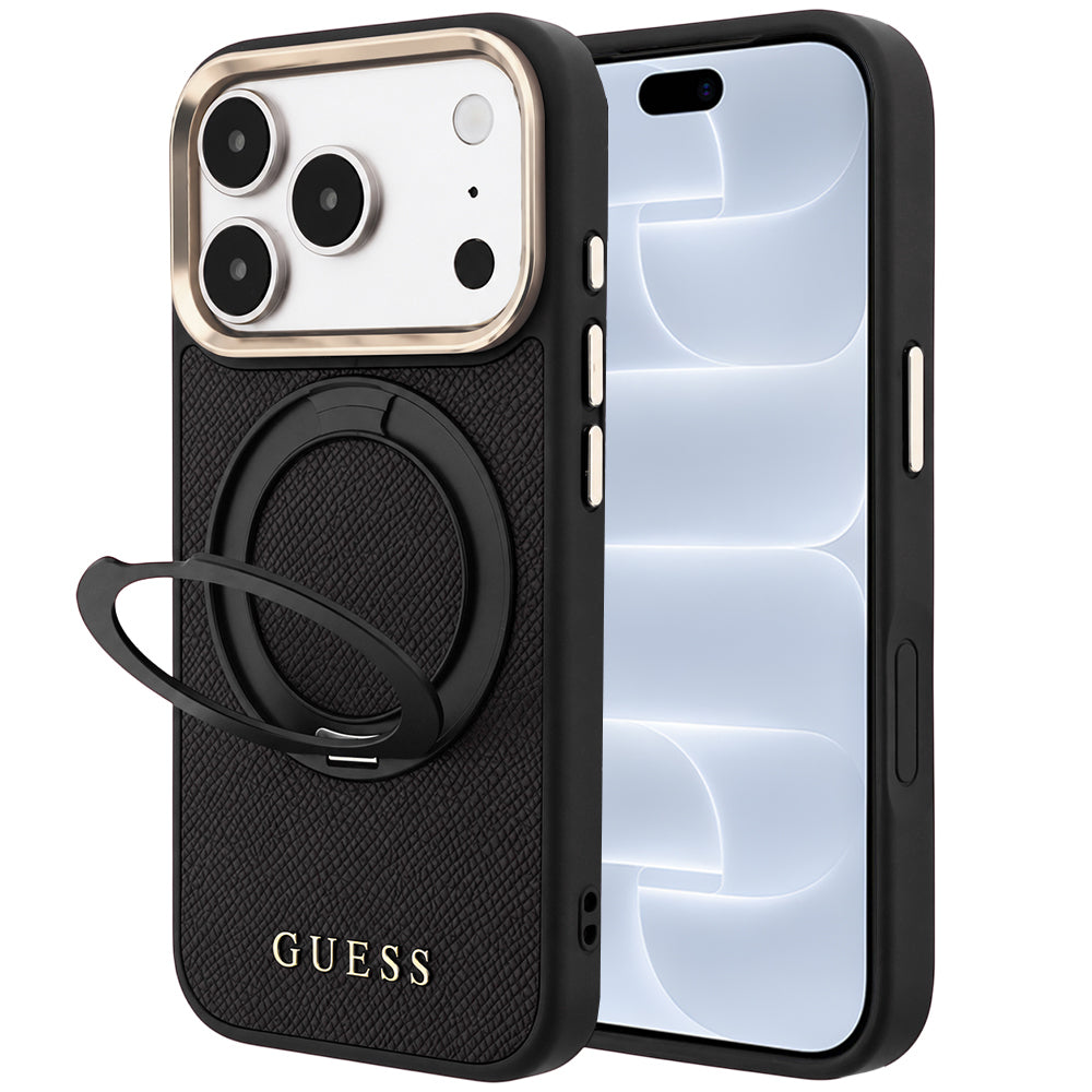 MagSafe-suojakuori Apple iPhone 18 Pro / 17 Pro -puhelimelle, Guess Grained Ring Stand 360 Classic, musta