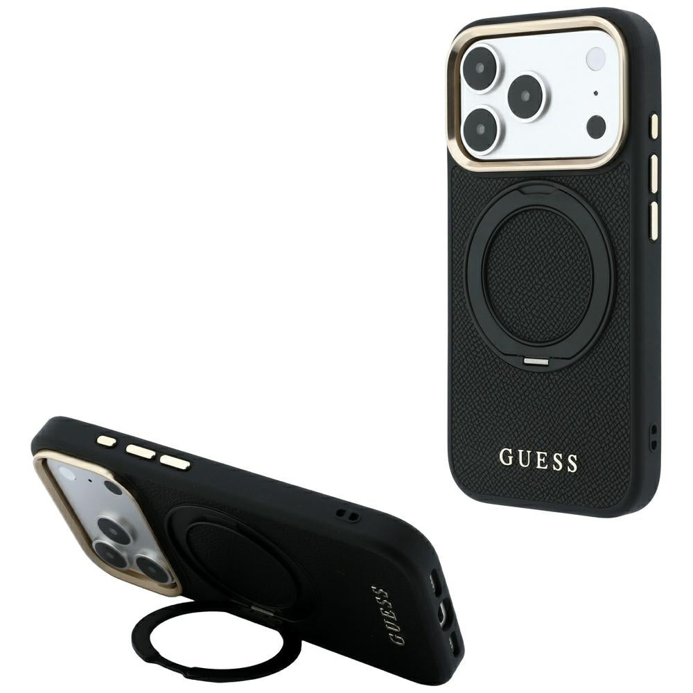 MagSafe-suojakuori Apple iPhone 18 Pro / 17 Pro -puhelimelle, Guess Grained Ring Stand 360 Classic, musta