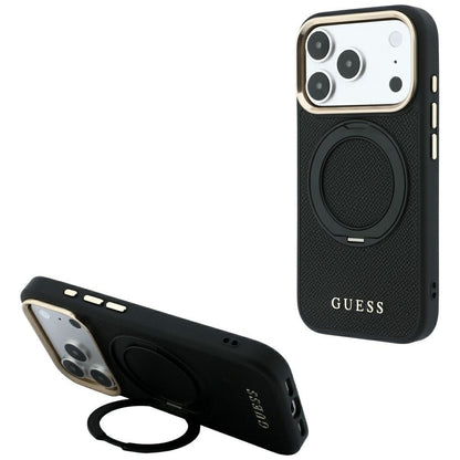MagSafe-suojakuori Apple iPhone 18 Pro / 17 Pro -puhelimelle, Guess Grained Ring Stand 360 Classic, musta