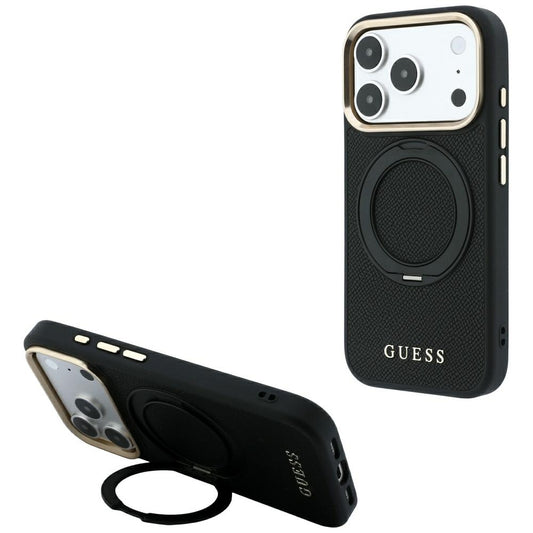 MagSafe-suojakuori Apple iPhone 18 Pro / 17 Pro -puhelimelle, Guess Grained Ring Stand 360 Classic, musta