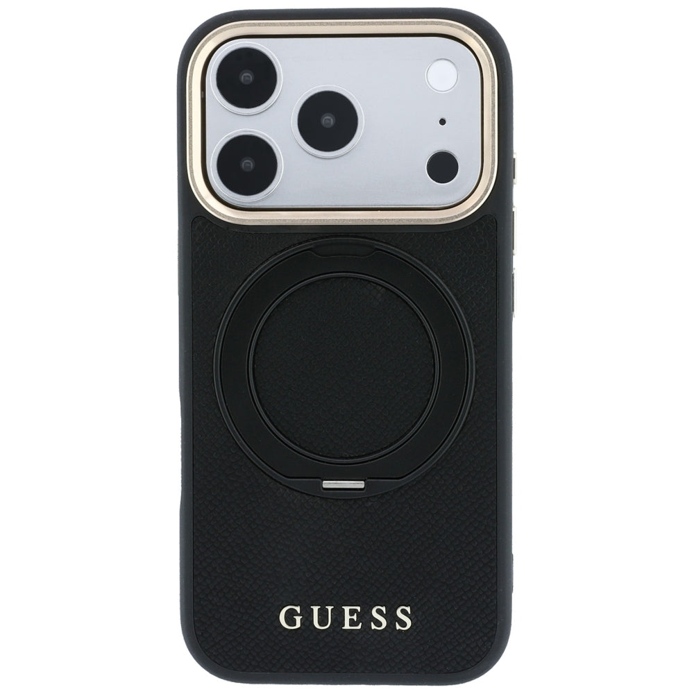 MagSafe-suojakuori Apple iPhone 18 Pro / 17 Pro -puhelimelle, Guess Grained Ring Stand 360 Classic, musta