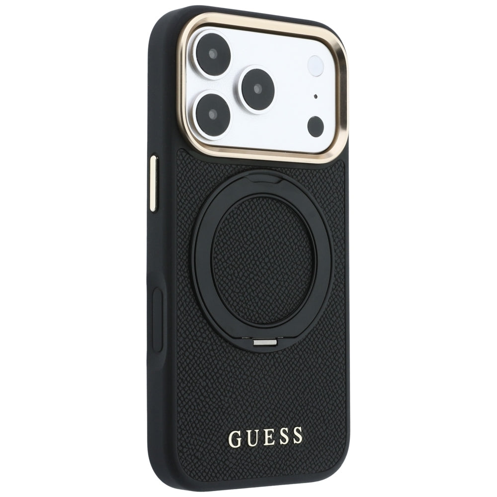 MagSafe-suojakuori Apple iPhone 18 Pro / 17 Pro -puhelimelle, Guess Grained Ring Stand 360 Classic, musta