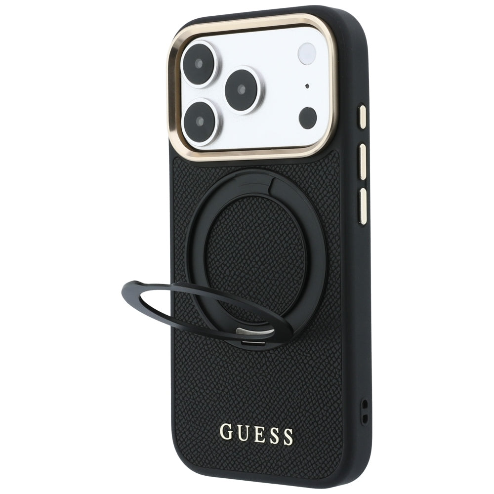 MagSafe-suojakuori Apple iPhone 18 Pro / 17 Pro -puhelimelle, Guess Grained Ring Stand 360 Classic, musta