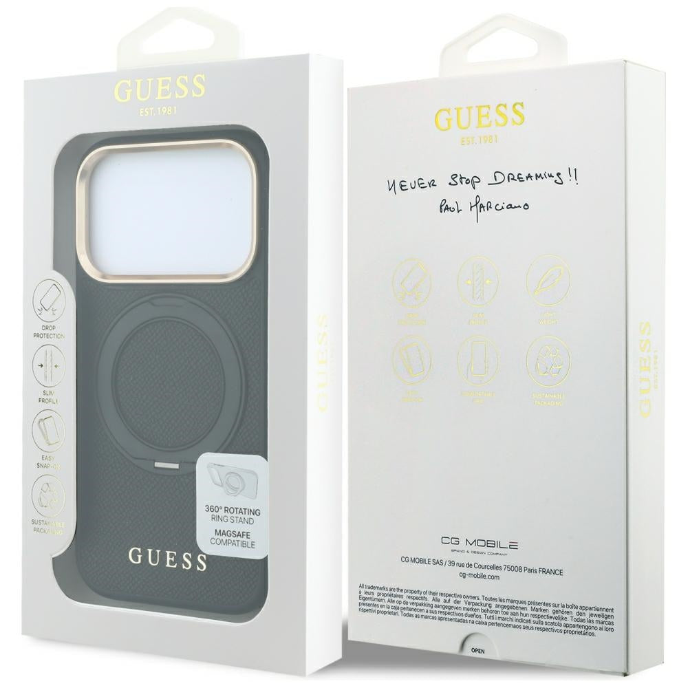 MagSafe-suojakuori Apple iPhone 18 Pro / 17 Pro -puhelimelle, Guess Grained Ring Stand 360 Classic, musta