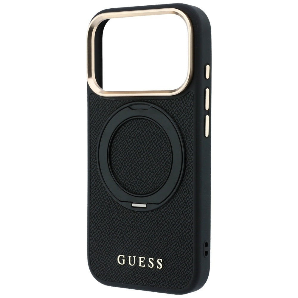 MagSafe-suojakuori Apple iPhone 18 Pro / 17 Pro -puhelimelle, Guess Grained Ring Stand 360 Classic, musta
