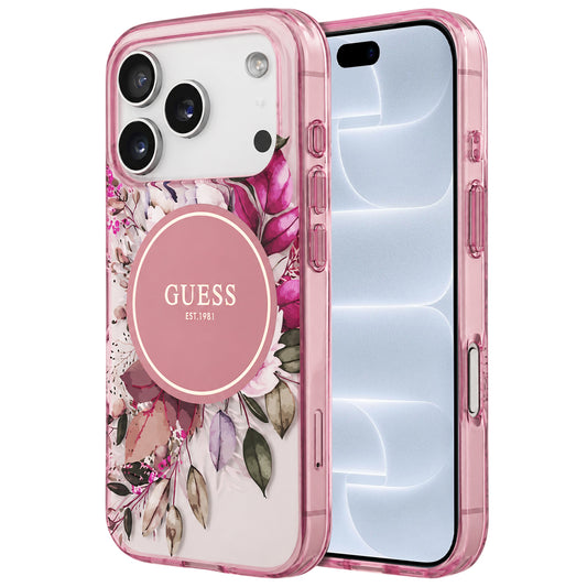 MagSafe-kuori Apple iPhone 18 Pro / 17 Pro -puhelimelle, Guess, IML Flower & Tonal Circle, vaaleanpunainen