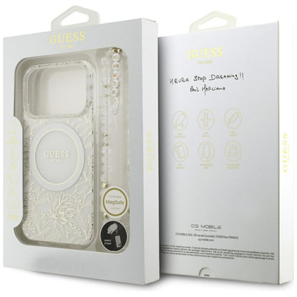 MagSafe Case for Apple iPhone 18 Pro / 17 Pro, Guess, IML Flowers Electroplated with Pearl Strap, White