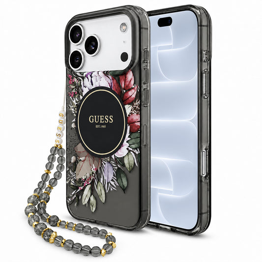 MagSafe-kuori Apple iPhone 18 Pro / 17 Pro -puhelimelle, Guess, IML Flowers with Pearl Strap, musta
