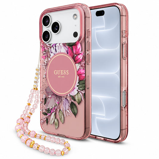 MagSafe-kuori Apple iPhone 18 Pro / 17 Pro -puhelimelle, Guess, IML Flowers with Pearl Strap, vaaleanpunainen