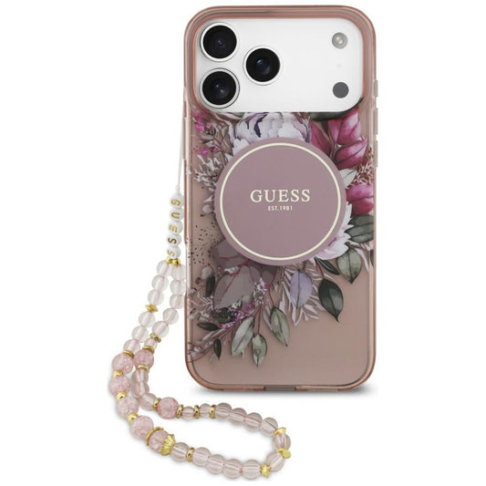 MagSafe-kuori Apple iPhone 18 Pro / 17 Pro -puhelimelle, Guess, IML Flowers with Pearl Strap, vaaleanpunainen