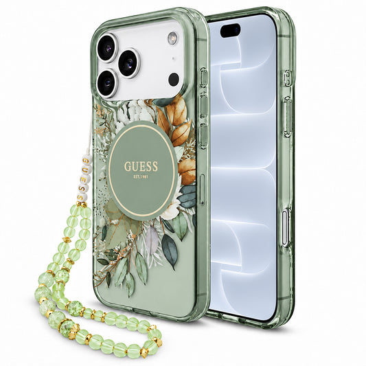 MagSafe-kuori Apple iPhone 18 Pro / 17 Pro -puhelimelle, Guess, IML Flowers with Pearl Strap, vihreä