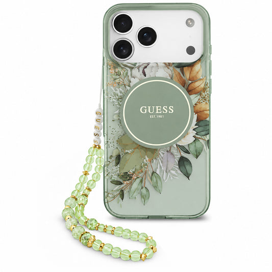 MagSafe-kuori Apple iPhone 18 Pro / 17 Pro -puhelimelle, Guess, IML Flowers with Pearl Strap, vihreä