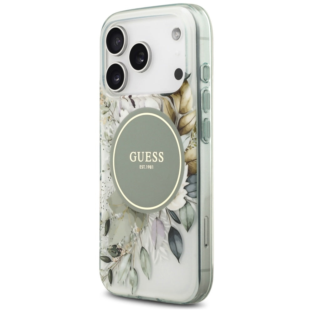 MagSafe Case for Apple iPhone 18 Pro / 17 Pro, Guess, IML Flowers with Pearl Strap, Green
