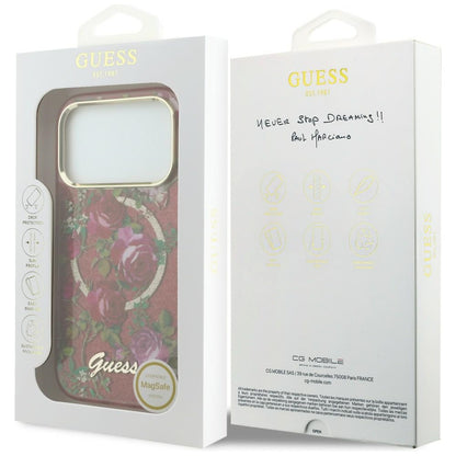 MagSafe Case for Apple iPhone 18 Pro / 17 Pro, Guess, IML Glitter Blossom Roses, Burgundy