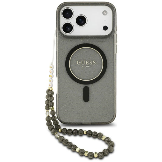 MagSafe-kuori Apple iPhone 18 Pro / 17 Pro -puhelimelle, Guess, IML Glitter with Pearl Strap, musta
