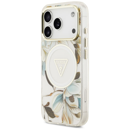 MagSafe-kuori Apple iPhone 18 Pro / 17 Pro:lle, Guess, IML Metal Glitter Flowers Triangle, Valkoinen