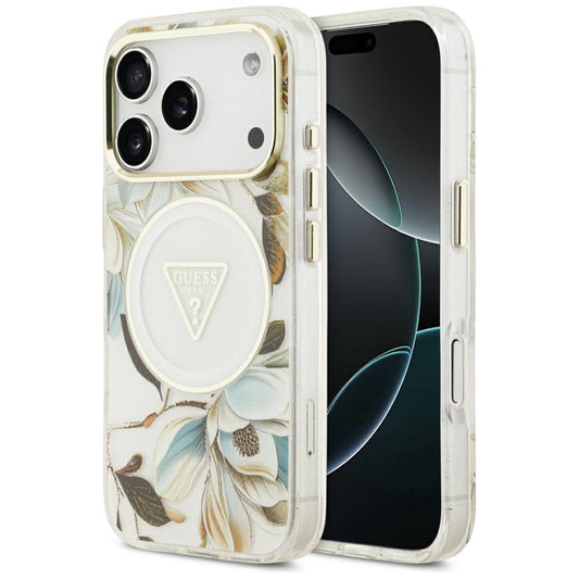 MagSafe-kuori Apple iPhone 18 Pro / 17 Pro:lle, Guess, IML Metal Glitter Flowers Triangle, Valkoinen