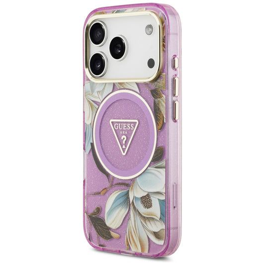 MagSafe-kuori Apple iPhone 18 Pro / 17 Pro:lle, Guess, IML Metallikiilto Kukat Kolmio, Violetti