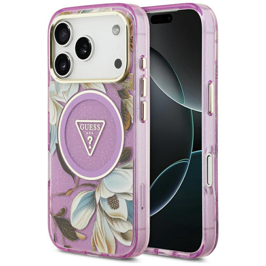 MagSafe-kuori Apple iPhone 18 Pro / 17 Pro:lle, Guess, IML Metallikiilto Kukat Kolmio, Violetti