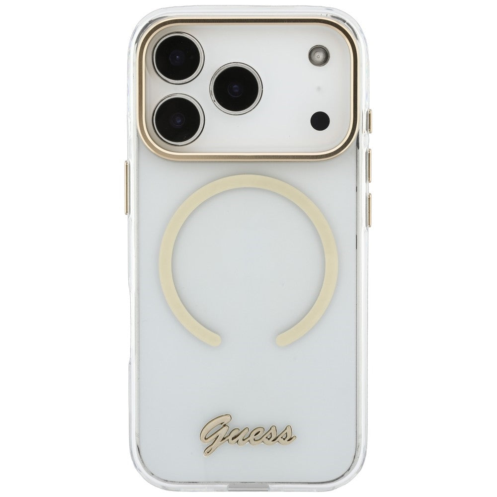 MagSafe-kuori Apple iPhone 18 Pro / 17 Pro -puhelimelle, Guess, IML Script Metal, läpinäkyvä