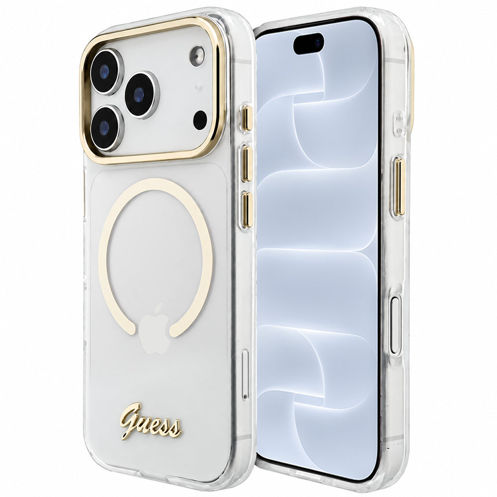 MagSafe-kuori Apple iPhone 18 Pro / 17 Pro -puhelimelle, Guess, IML Script Metal, läpinäkyvä