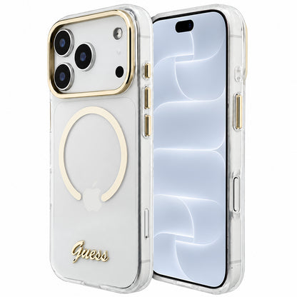 MagSafe-kuori Apple iPhone 18 Pro / 17 Pro -puhelimelle, Guess, IML Script Metal, läpinäkyvä