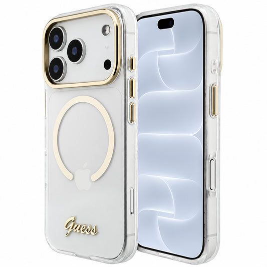 MagSafe-kuori Apple iPhone 18 Pro / 17 Pro -puhelimelle, Guess, IML Script Metal, läpinäkyvä