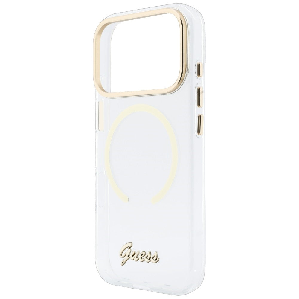 MagSafe-kuori Apple iPhone 18 Pro / 17 Pro -puhelimelle, Guess, IML Script Metal, läpinäkyvä