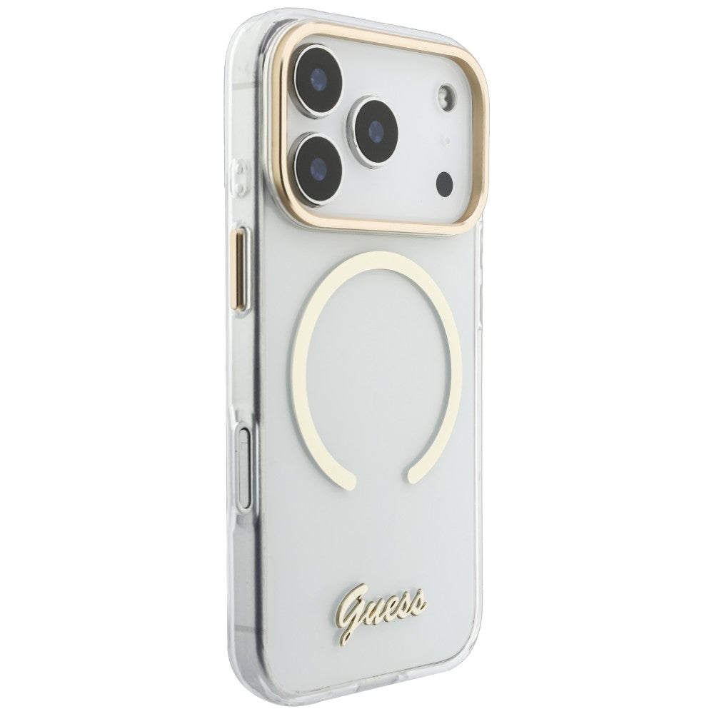 MagSafe-kuori Apple iPhone 18 Pro / 17 Pro -puhelimelle, Guess, IML Script Metal, läpinäkyvä