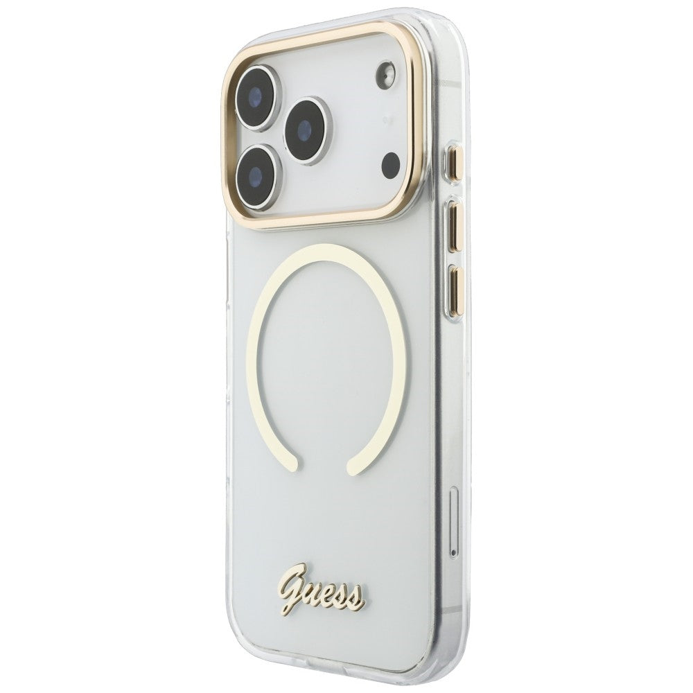 MagSafe-kuori Apple iPhone 18 Pro / 17 Pro -puhelimelle, Guess, IML Script Metal, läpinäkyvä
