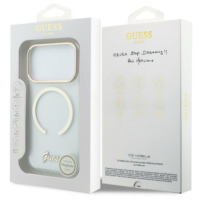 MagSafe-kuori Apple iPhone 18 Pro / 17 Pro -puhelimelle, Guess, IML Script Metal, läpinäkyvä