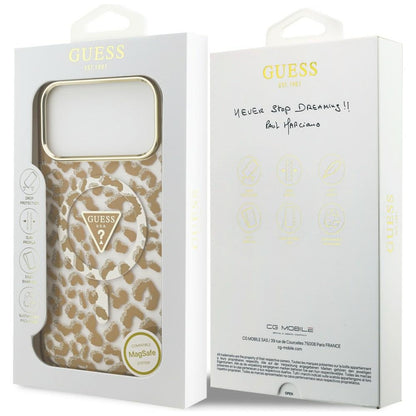 MagSafe Case for Apple iPhone 18 Pro / 17 Pro, Guess, Leopard Glitter Triangle Logo, Brown